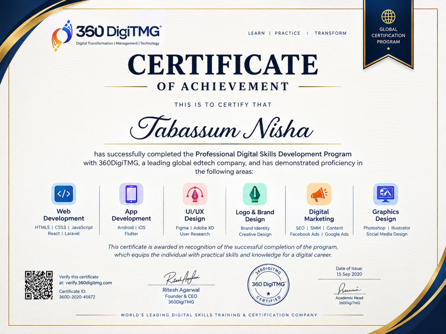Certificate of Achievement — Tabassum Nisha, 360DigiTMG