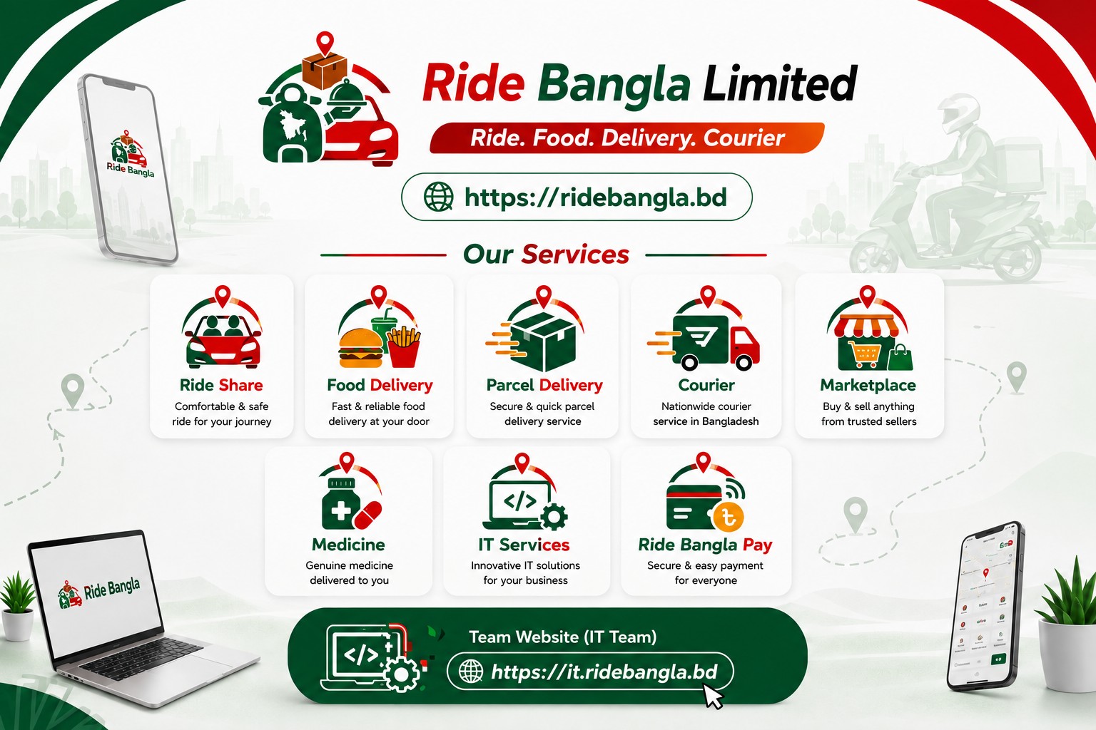 Ride Bangla Limited services: Ride Share, Food Delivery, Parcel Delivery, Courier, Marketplace, Medicine, IT Services, Ride Bangla Pay